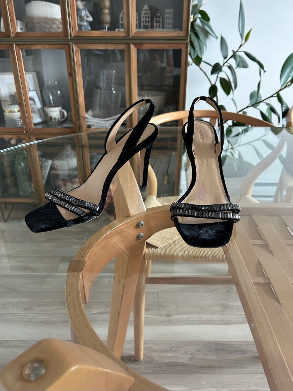Veronica Beard Black Genuine Leather Beaded Slingback High Heel Sandals